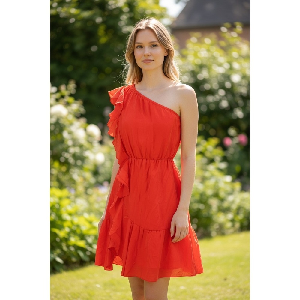 CLUB MONACO -100% Silk-Stunning One Shoulder Ruffle Dress‎ Coral Summer Mini